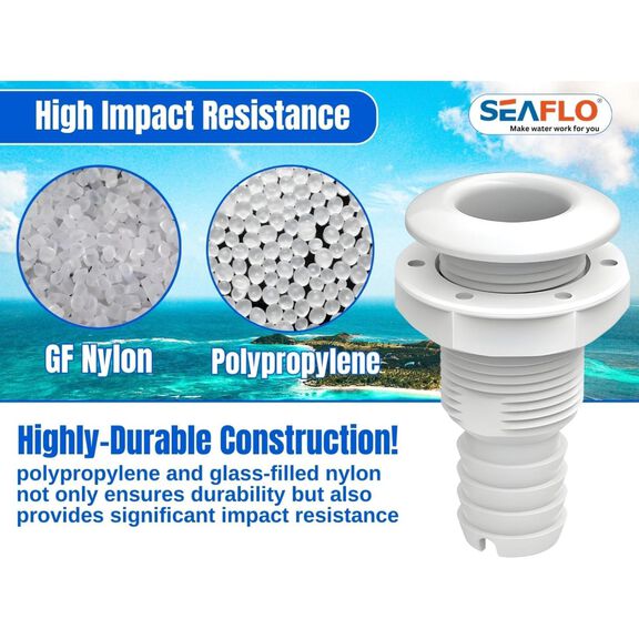 SEAFLO 5/8" Thru Hull Fitting with Check Valve, Polypropylene/Nylon, White, 1-Pack image number 3
