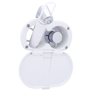 Aidack Transom Shower Hot/Cold Mixer, Arctic White Cup & Lid, Hammer-Head Arctic White Sprayer, 10' White Rubber Hose, Chrome Aidack Handle