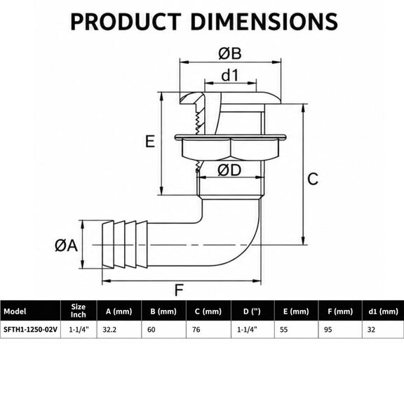 SEAFLO 1-1/4 in Angled Thru Hull Fitting with Check Valve White image number 3