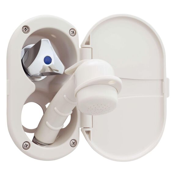Trinidad Transom Shower Cold Only, Warm White Cup & Lid, Small Warm White Sprayer, 6' Stainless Steel Hose, Chrome Trinidad Handle image number 2
