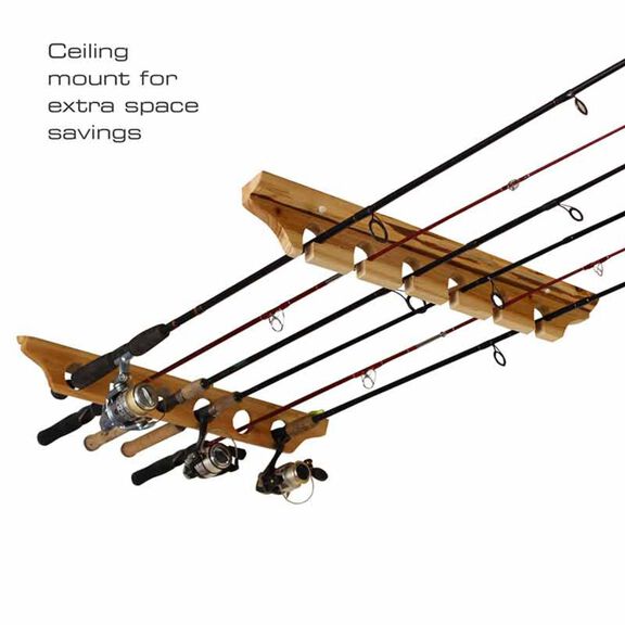 Rustic Wood 6 Fishing Rod Wall & Ceiling Rack image number 1