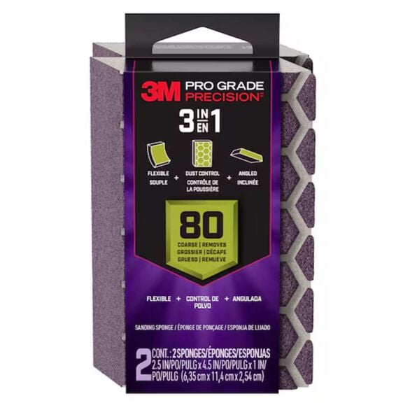 Pro Grade Precision&trade; 3-in-1 Sanding Sponge,, 2.5 in x 4.5 in x 1 in, 80 grit, Coarse, 6/case image number 0