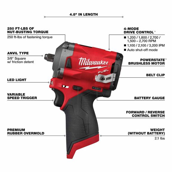 M12 FUEL&trade; 3/8" Stubby Impact Wrench image number 1