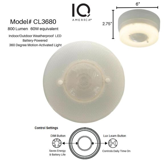 6" IQ America Battery Powered Indoor/Outdoor Motion Activated Ceiling Light, 800 Lumens image number 1