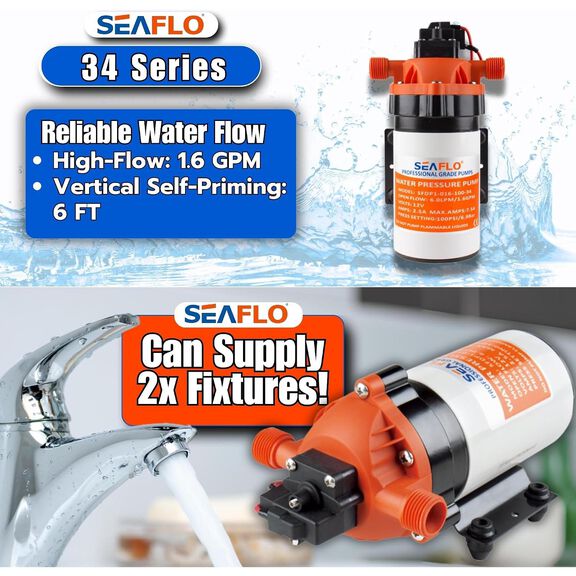 SEAFLO 34 Series 12V Water Pressure Diaphragm Pump, 1.6 GPM, 100 PSI image number 3
