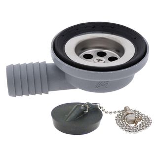 1-1/2" Drain, 95 Degree Drain, Low Profile, 1" Hose Barb, w/Chain Stopper Ultra-Mirror Finish