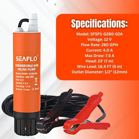 SEAFLO 280 GPH 12V Submersible Inline Pump for Marine and RV image number 2