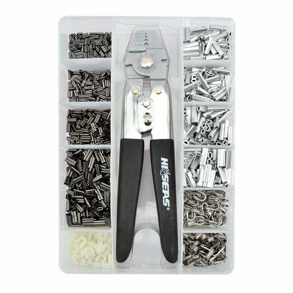 Copper Mini Double Barrel Sleeves Kit, 550 pc, 400 pc Aluminum Single Sleeves, 100 pc Small & Medium Stainless Steel Thimbles, 50 pc Large Nylon Thimbles, Deluxe Crimper Tool image number 1