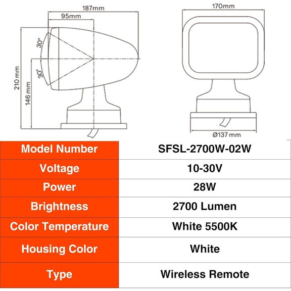 SEAFLO 360&deg; Rotating Remote Control LED Searchlight, 10-30V DC, 2700 Lumens, Wireless Remote, White image number 7