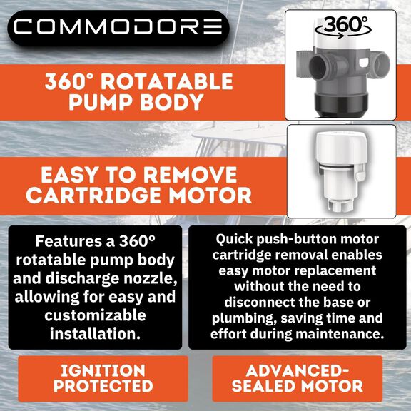 COMMODORE 1100 GPH / 12V D31-Series Vertical Livewell/Baitwell Pump &ndash; Short Housing, 360&deg; Discharge image number 3