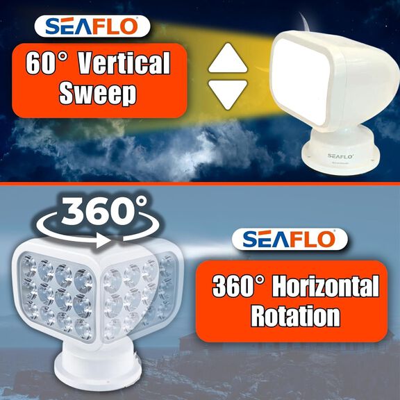 SEAFLO 360&deg; Rotating Remote Control LED Searchlight, 10-30V DC, 2700 Lumens, Wired Remote, White image number 2