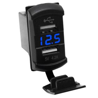 Dual Port USB Rocker Panel Sized With Blue Voltmeter