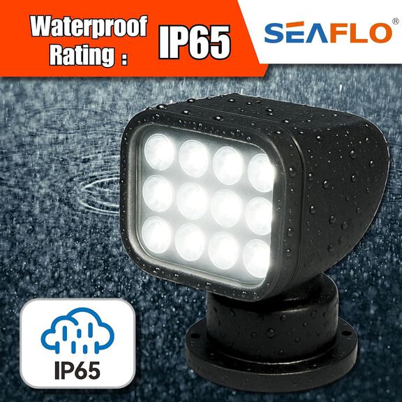 SEAFLO 360&deg; Rotating Remote Control LED Searchlight, 10-30V DC, 2700 Lumens, Wireless Remote, Black image number 3