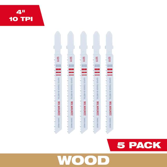 4" 10TPI T-Shank Wood Bi-Metal Jig Saw Blades, 5 Pack image number 0