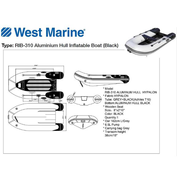 RIB-310 Aluminum Hull Inflatable Boat, Black image number 1