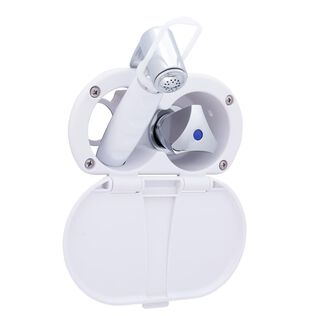 Trinidad Transom Shower Cold Only, Arctic White Cup & Lid, Hammer-Head Arctic White Sprayer, 6' White Rubber Hose, Chrome Trinidad Handle