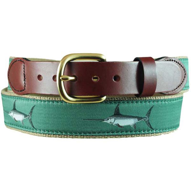 Men's Green Swordfish Leather Tab Belt, Khaki, 34 image number 0