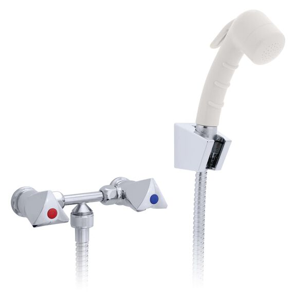 Trinidad 2H External Shower Mixer Small Warm White Sprayer, 6' Stainless Steel Hose Chrome/Warm White image number 0