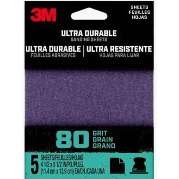 3M Ultra Durable Power Sanding 1/4 Sheet, 80 grit, 1/4Sht5pk80, 5 pk, 20/case image number 0
