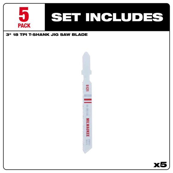 3" 18TPI T-Shank Metal Cutting Bi-Metal Jig Saw Blades, 5 Pack image number 2