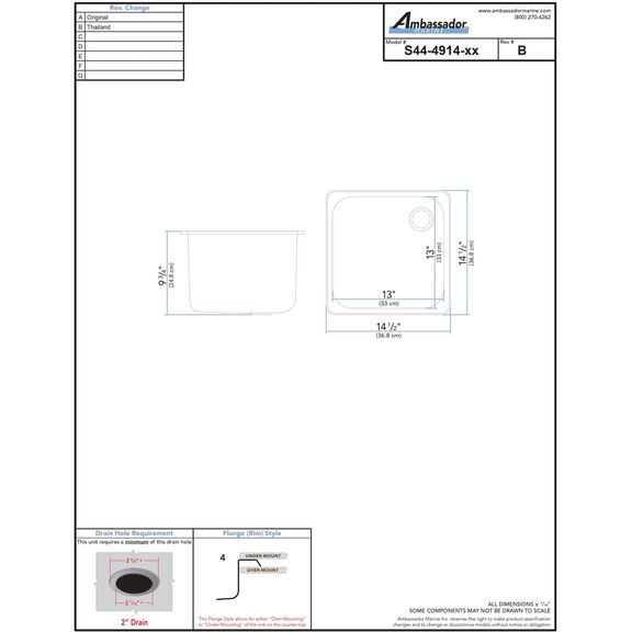 Rectangle Sink Brushed Finish, 304 Stainless Steel, 2" Drain, SoundKOTE image number 3