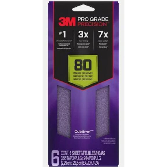 3M Pro Grade Precision Faster Sanding Sheets w/ NO-SLIP GRIP Backing, SHTR80-PGP-6T,3 2/3" x 9", 80 Gr, 6 Shts/pk image number 0