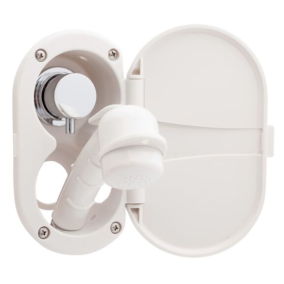 Aidack Transom Shower Hot/Cold Mixer, Warm White Cup & Lid, Small Warm White Sprayer, 6' Stainless Steel Hose, Chrome Aidack Handle image number 2