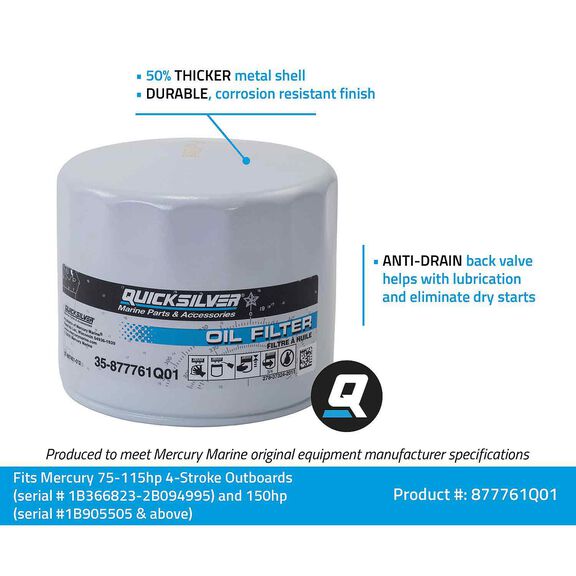 877761Q01 Oil Filter for Select Mercury and Mariner 75-115 Hp Outboards and 150 Hp EFI 4-Stroke Outboards image number 2