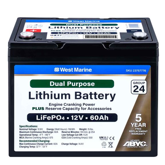 Group 24 Lithium Iron Phosphate Dual Purpose Battery, 12V 60Ah, Certified to ABYC Standards image number 0