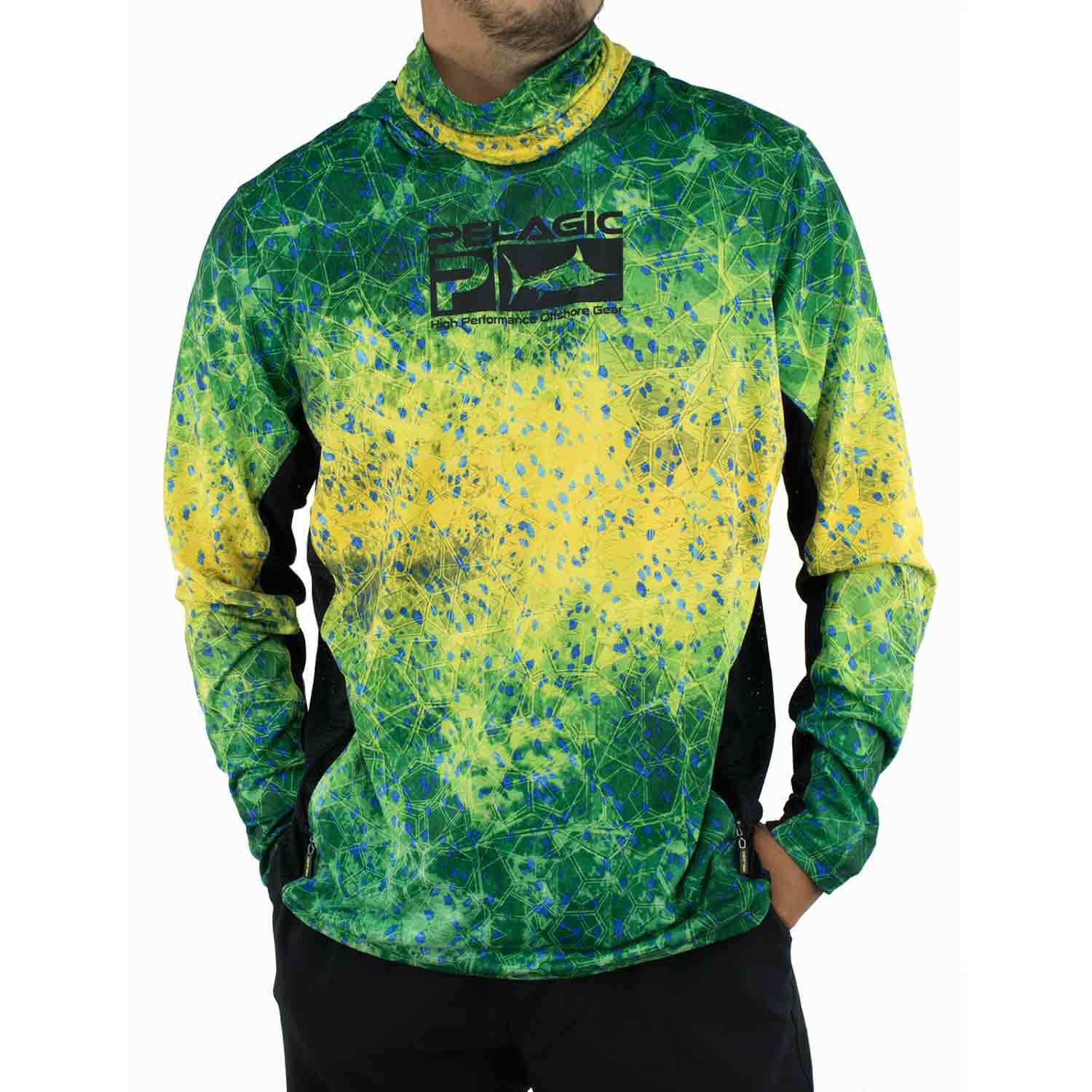 PELAGIC Men's Exo-Tech Hooded Shirt Dorado Hex Print
