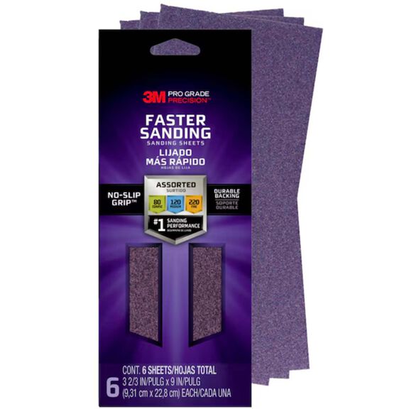 3M Pro Grade Precision Sanding Sheets w/ NO-SLIP GRIP Backing SHTRASST-PGP6T, 3 2/3" x 9", ASST Gr, 6 Shts/Pk image number 0