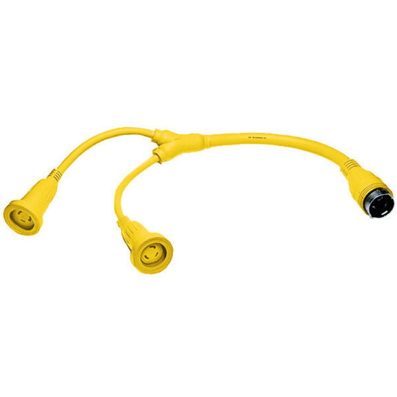 Adapter, Marine Adapter, Molded "Y", 2) 30A 125V Locking Female L5-30R to 50A 125/250V Locking Male, 4-Pole 4- Wire Grounding, Yellow image number 1