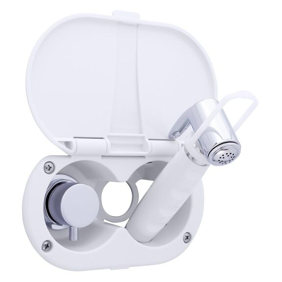 Aidack Transom Shower Hot/Cold Mixer, Arctic White Cup & Lid, Hammer-Head Arctic White Sprayer, 6' White Rubber Hose, Chrome Aidack Handle image number 1