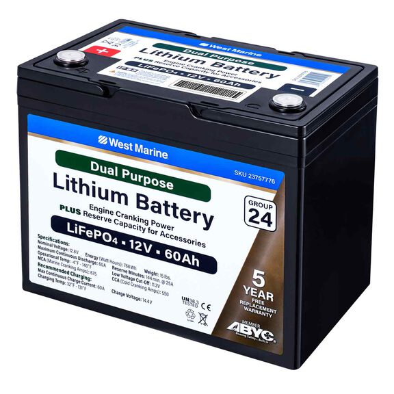 Group 24 Lithium Iron Phosphate Dual Purpose Battery, 12V 60Ah, Certified to ABYC Standards image number 1
