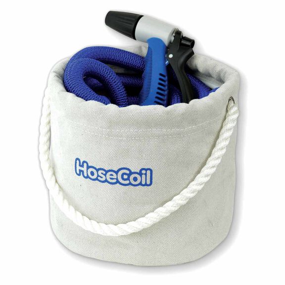 75' Expandable Blue Hose Canvas Bucket Kit with Rubber Tip Nozzle & Quick Release image number 0