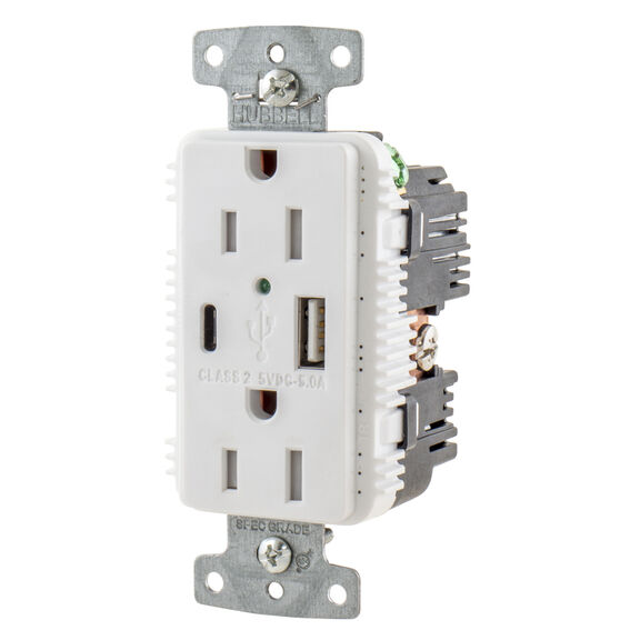 Hubbell Duplex Receptacle, 15A 125V, 5A 5V USB Port AC, White image number 0