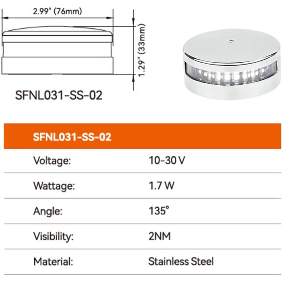 SEAFLO 02 Series Horizontal Mount Stern Navigation Light White 10-30V 1.7W IP66 SS image number 2