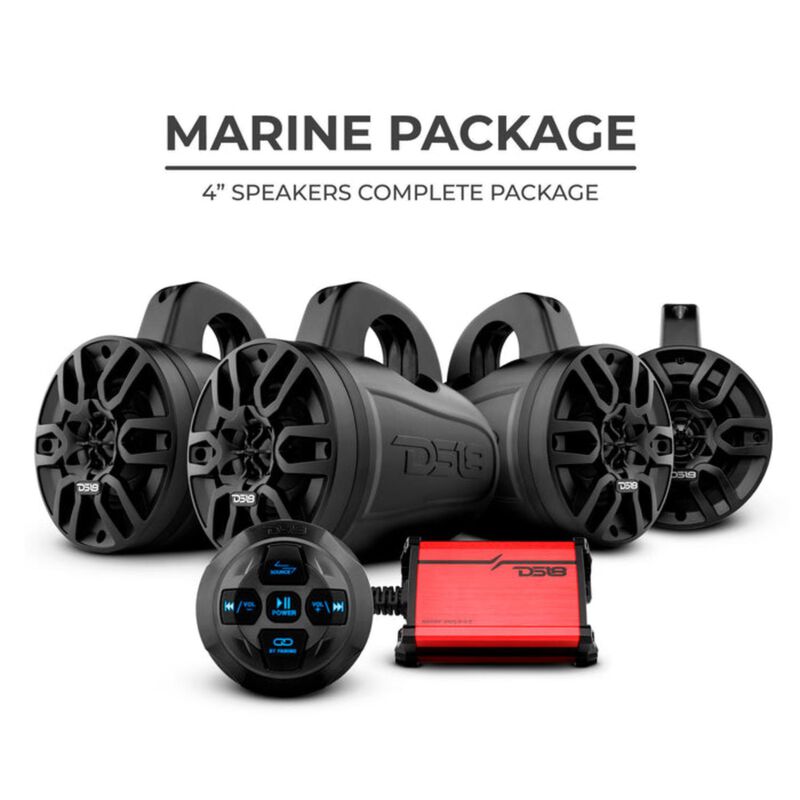 Ds18 4 x HYDRO 4" Wakeboard Tower Speakers, 300 Watts, Black, with Amplifier and Bluetooth Remote Control BTRC-R | by West Marine