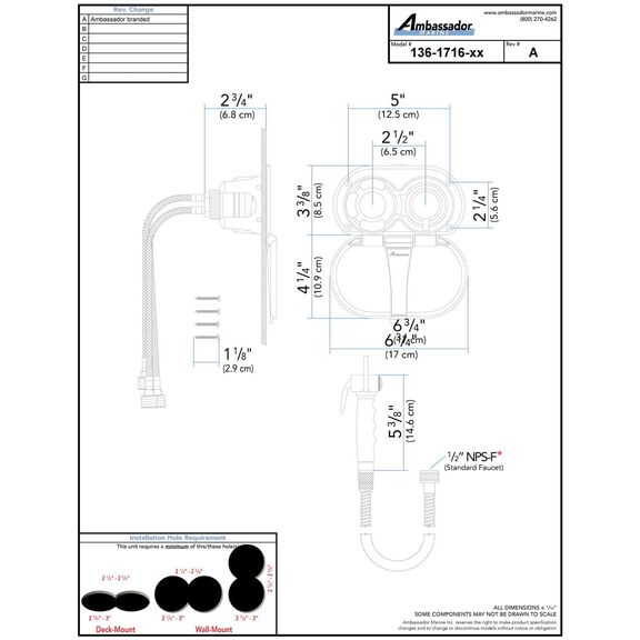 Aidack Transom Shower Hot/Cold Mixer, Arctic White Cup & Lid, Hammer-Head Arctic White Sprayer, 6' Stainless Steel Hose, Chrome Aidack Handle image number 3