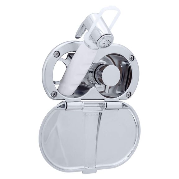 Aidack Transom Shower Hot/Cold Mixer, Chrome Cup & Lid, Hammer-Head Arctic White Sprayer, 6' White Rubber Hose, Chrome Aidack Handle image number 0