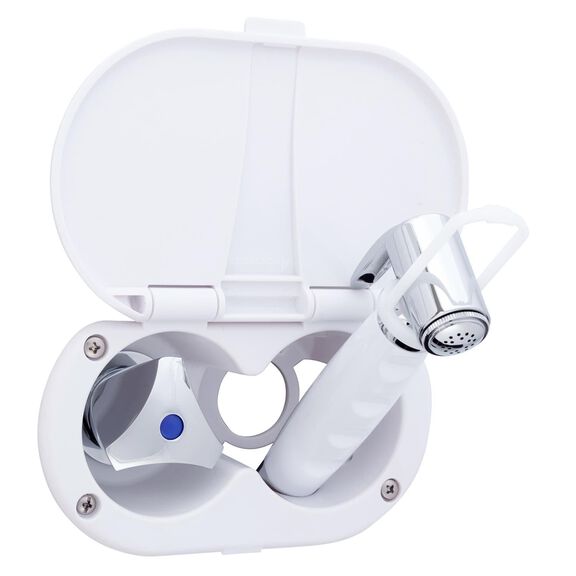Trinidad Transom Shower Cold Only, Arctic White Cup & Lid, Hammer-Head Arctic White Sprayer, 10' White Rubber Hose, Chrome Trinidad Handle image number 1
