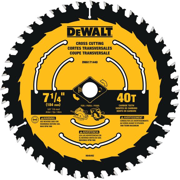 DEWALT 7-1/4"Carbide Circular Saw Blade 40 Tooth with 5/8 in Arbor, 1-Pack image number 0