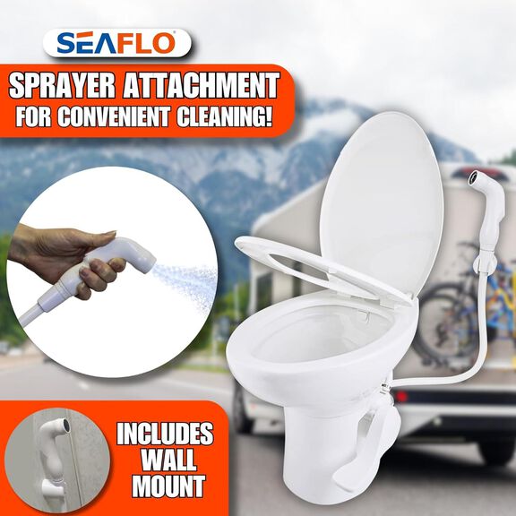 SEAFLO Porcelain RV Toilet with Sprayer Attachment 19in Gravity Flush Foot Pedal Soft Close image number 6