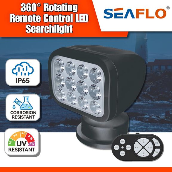 SEAFLO 360&deg; Rotating Remote Control LED Searchlight, 10-30V DC, 2700 Lumens, Wireless Remote, Black image number 1