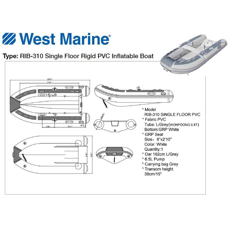 WEST MARINE RIB310 Single Floor Rigid PVC Inflatable Boat West Marine