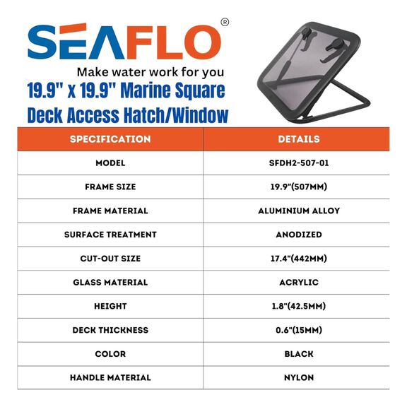 SEAFLO 01-Series 22.5" x 22.5" Black Aluminum Square Deck Hatch image number 2