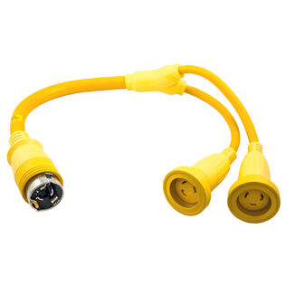 Adapter, Marine Adapter, Molded "Y", 2) 30A 125V Locking Female L5-30R to 50A 125/250V Locking Male, 4-Pole 4- Wire Grounding, Yellow