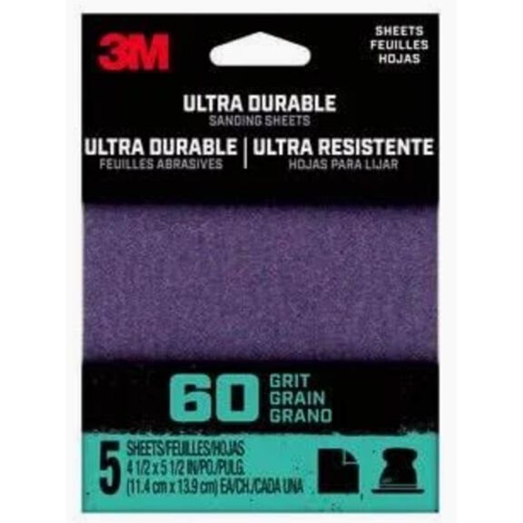 3M Ultra Durable Power Sanding 1/4 Sheet, 60 grit, 1/4Sht5pk60, 5 pk, 20/case image number 0