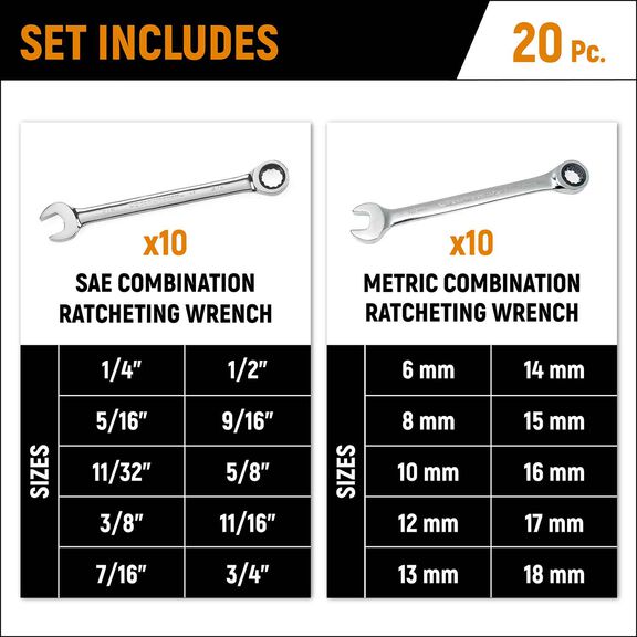 20-Piece SAE/MM Ratcheting Wrench Set image number 1