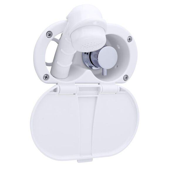 Aidack Transom Shower Hot/Cold Mixer, Arctic White Cup & Lid, Small Arctic White Sprayer, 10' White Rubber Hose, Chrome Aidack Handle image number 0